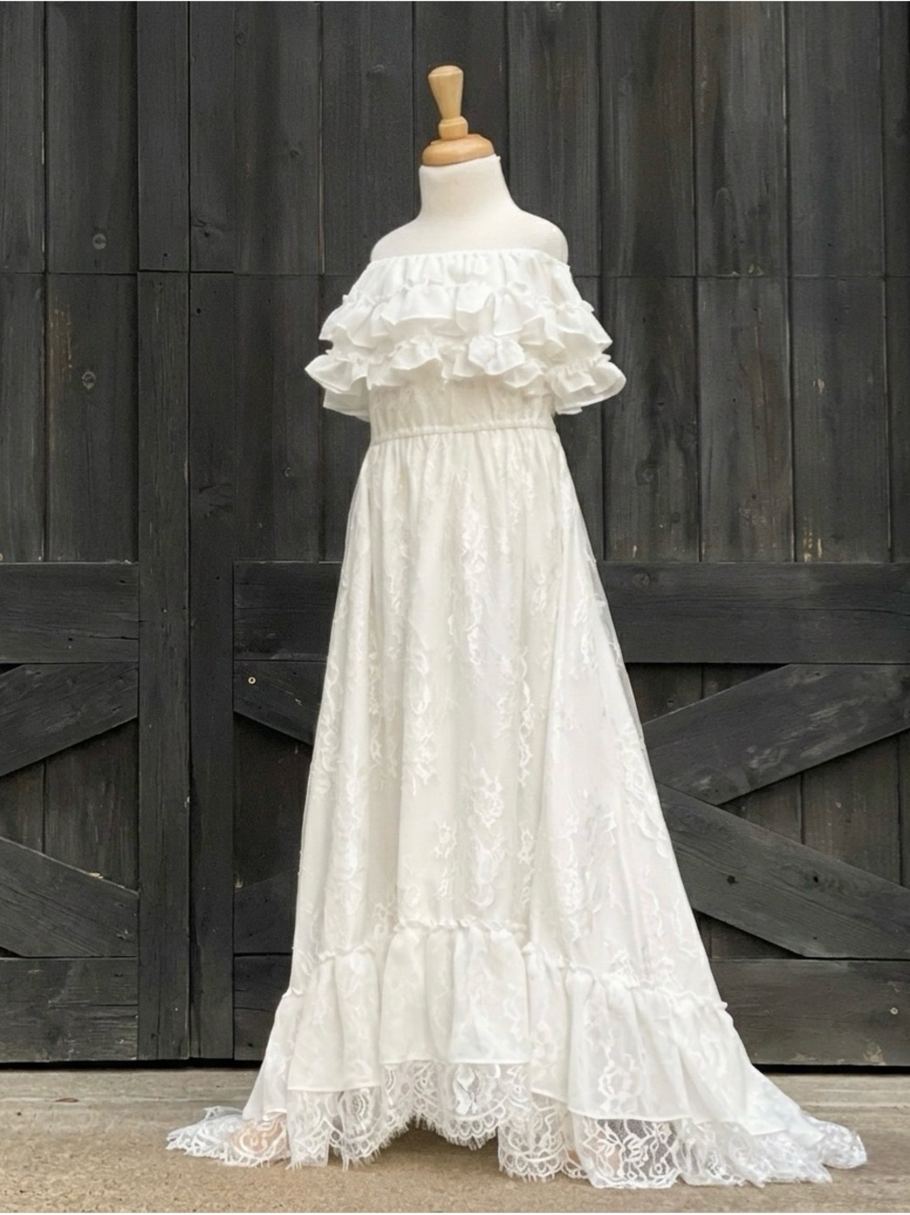 Cottagecore Boho White Off Shoulder Lace High Low Maxi Dress, Flower Girl, Sz 8